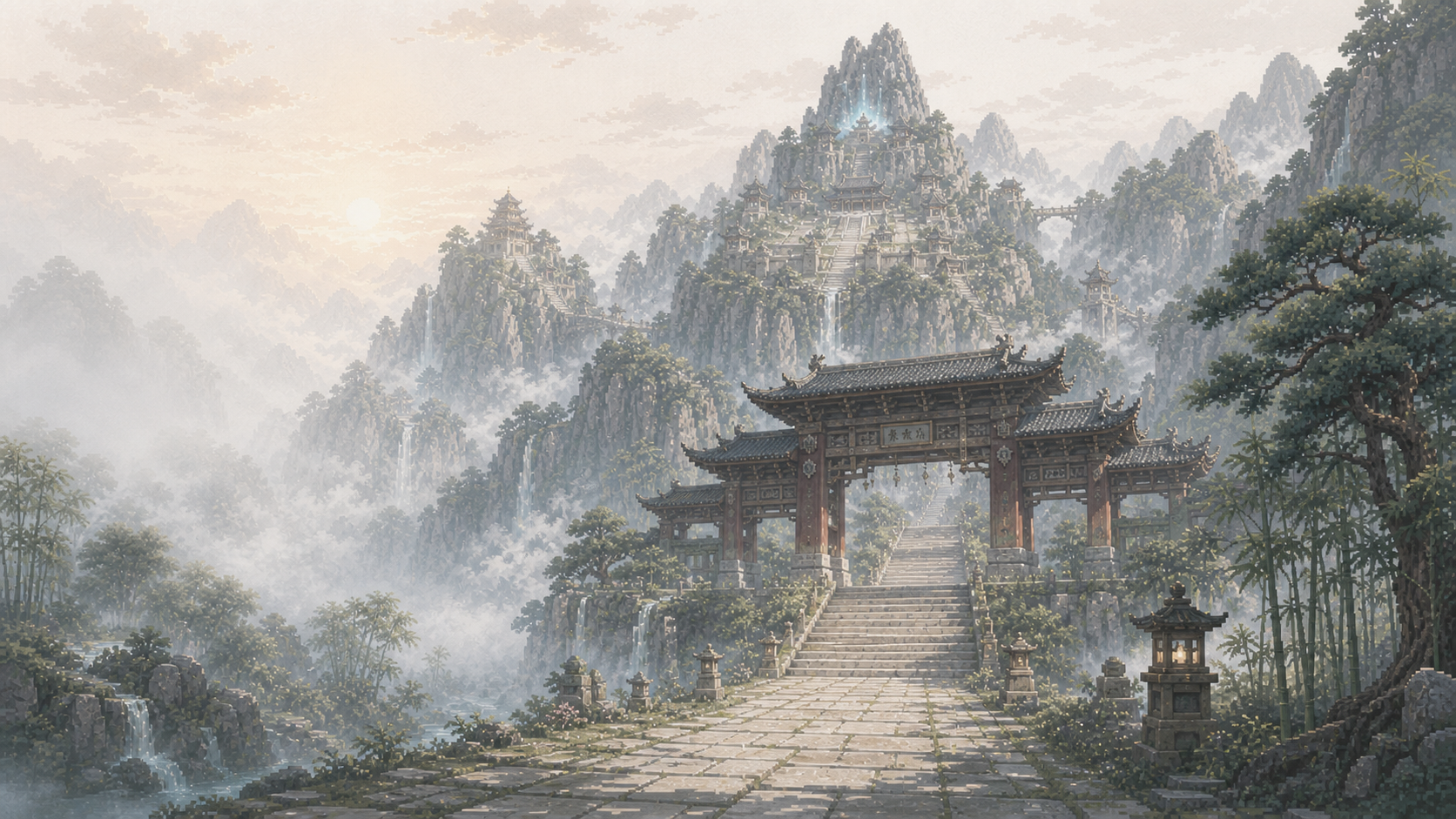 晨光与云海环绕的 Kaive 山门，石阶通往远方群山