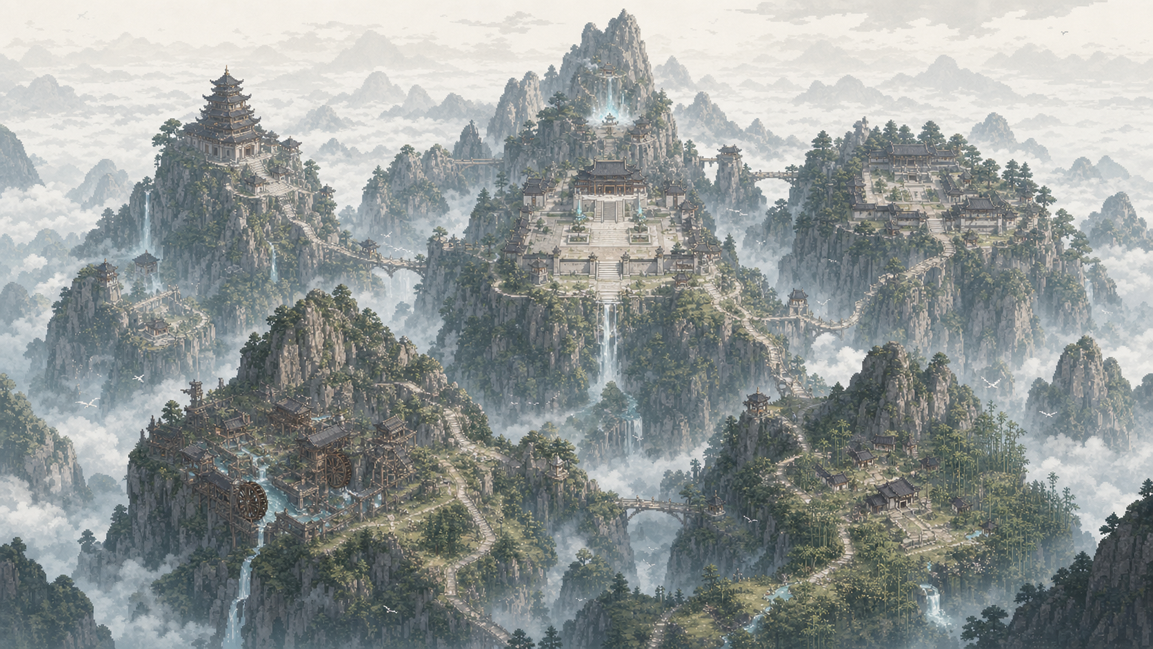 Kaive 山河全境图，四座山域分布在云海之间